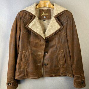 Guess Los Angeles Genuine‎ Leather Jacket Womens L Polyester Fur Trim Lined Coat